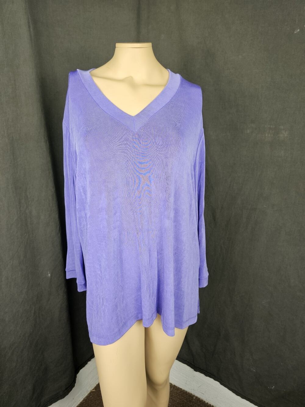 NWT Citiknits QVC 1X Purple V Neck Tunic Top Acetate Spandex Slinky Knit Vintage